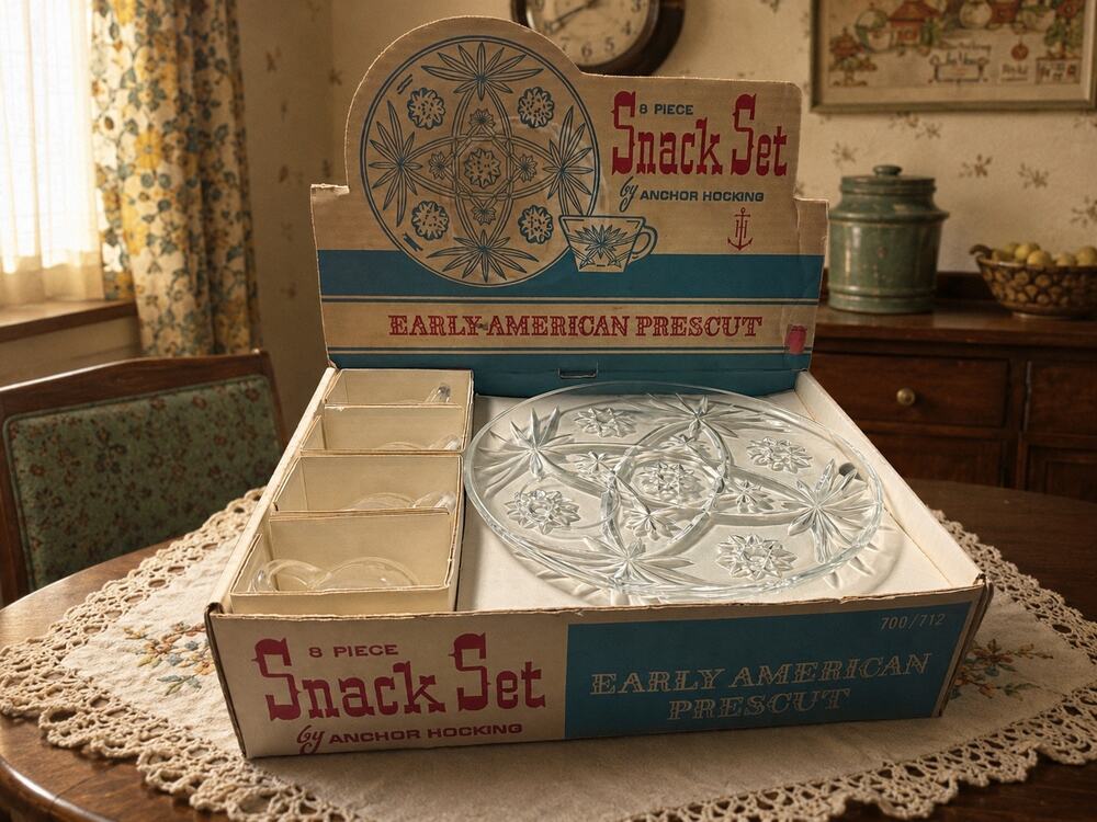 Vintage Anchor Hocking Early American Prescut 8 Piece Snack Set Plates Cups